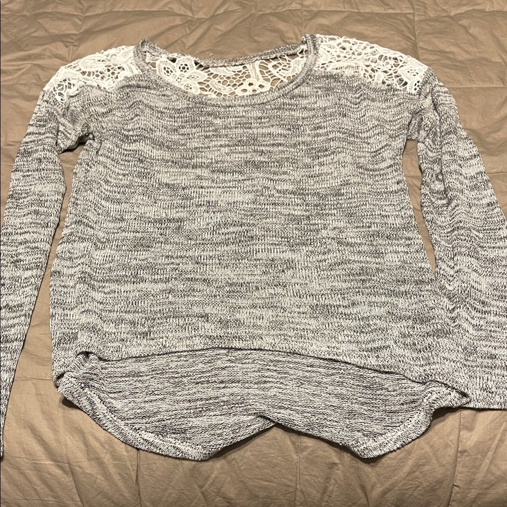 Gray and White Knit Sweater with Lace Detail